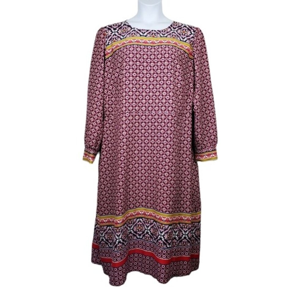 Loft Womens Long Sleeve Pink Blue Mosaic Border Midi Dress Size 22 NWT